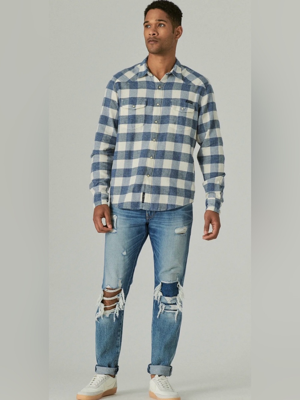 Lucky Brand Blue and White Buffalo Check Pearl Snap Shirt